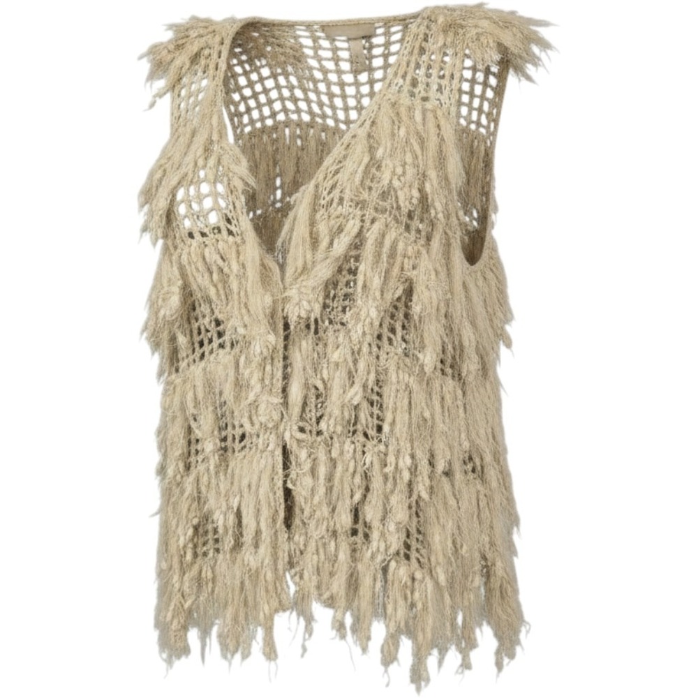 M L The Classic cream open weave sleeveless boho sweater knit fringe vest